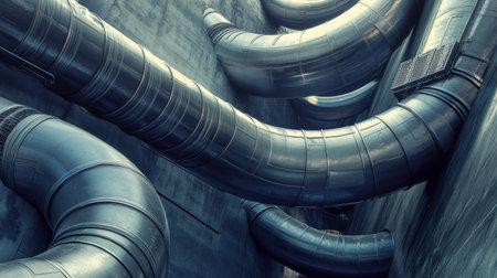 A striking view of intricate metallic ductwork and pipes in a modern industrial environment, showcasing unique lines and forms with vivid details.の素材