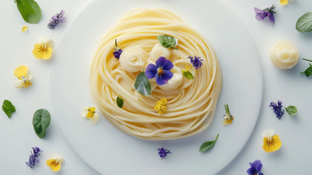 A stunning arrangement of fresh pasta artfully decorated with an assortment of edible flowers and herbs, showcasing elegance and creativity for culinary enthusiasts.の素材