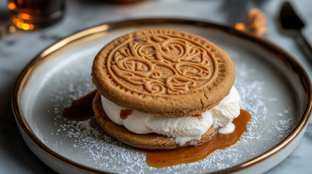 A beautifully plated dessert featuring two round cookies filled with whipped cream and drizzled with caramel gives a comforting and indulgent treat.の素材