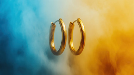 Stunning golden hoop earrings elegantly suspended against a dreamy blue and yellow smoke backdrop, showcasing luxury and timeless fashion. Perfect for jewelry lovers.の素材