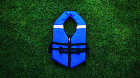 A vibrant blue life jacket is neatly placed on lush green grass, emphasizing safety and preparedness for any water-related activities and adventures.の素材
