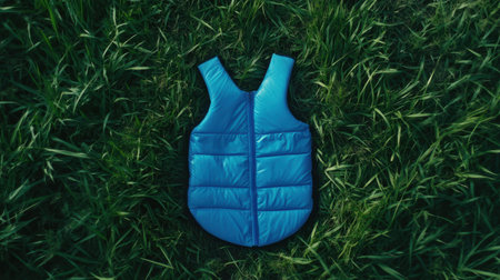 A bright blue puffer vest laid flat on green grass creates a vibrant outdoor scene. The image captures the essence of casual fashion and comfort.の素材