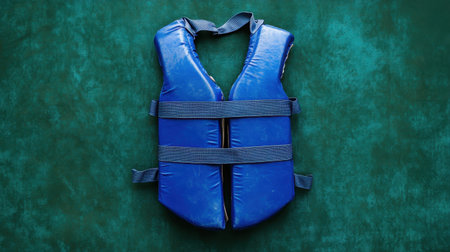 A blue life jacket placed on a textured green background, ideal for depicting water safety and outdoor adventures involving aquatic activities.の素材