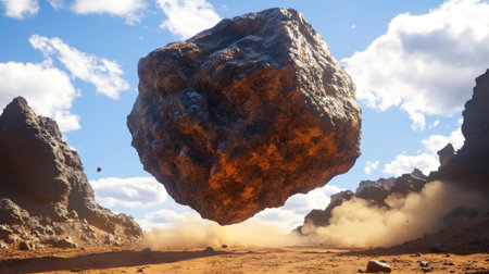A stunning visual of a massive rock floating above a rugged desert landscape, surrounded by dramatic clouds and dusty terrain under vibrant sunlight.の素材