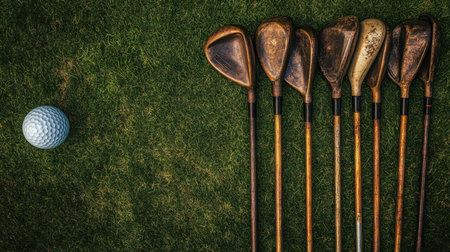 A captivating arrangement of vintage golf clubs next to a golf ball on lush green grass, capturing the essence of the game and its history. Perfect for sports enthusiasts.の素材