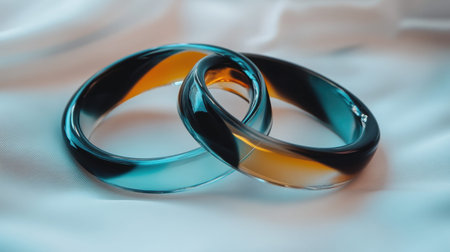 Discover the allure of these two glossy rings resting gracefully on soft fabric. Featuring striking colors and smooth textures, they embody elegance and style.の素材