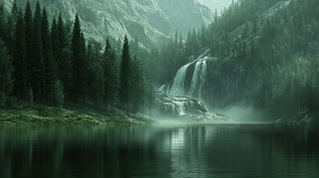 A stunning view of a lush green landscape featuring a cascading waterfall, surrounded by towering trees and mist, reflecting in a tranquil lake.の素材