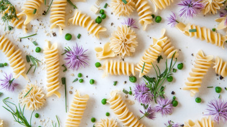 A visually stunning composition featuring various types of raw pasta twists, vibrant green peas, and delicate edible flowers. Perfect for cooking and culinary themes.の素材