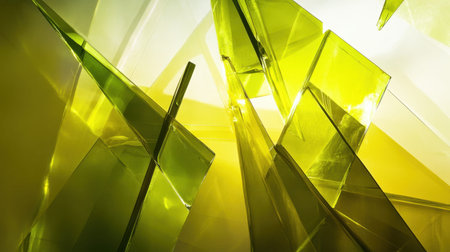 This abstract image features a striking composition of shiny green and yellow transparent shapes, illuminated by soft light, creating a dynamic visual experience.の素材