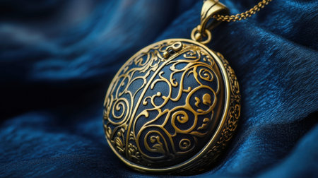 This captivating image features a vintage gold locket with intricate design details resting on a soft blue fabric, showcasing elegance and charm.の素材