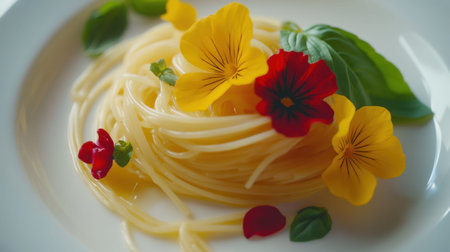 A beautifully arranged plate of spaghetti, enhanced with vibrant edible flowers and fresh basil. This gourmet dish showcases a blend of color and flavor.の素材