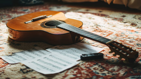 A serene composition featuring an acoustic guitar laid on a vintage rug beside music sheets and a tuner. This intimate scene invites creativity and relaxation.の素材