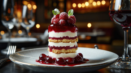 This elegant dessert features layers of creamy goodness topped with fresh raspberries and a vibrant cherry sauce, set in a refined dining atmosphere.の素材