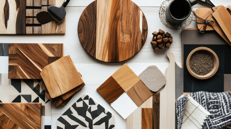 A beautiful arrangement of assorted wooden cutting boards and stylish tableware on a light background, showcasing various wood textures and patterns, ideal for culinary enthusiasts and home decorators.の素材