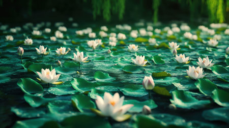 A picturesque scene of delicate water lilies gracefully floating on a calm pond, surrounded by lush greenery and gentle light reflections, evoking peace.の素材
