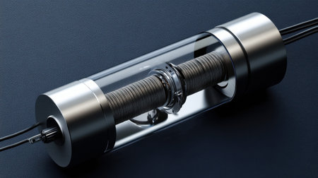 This image shows a modern reactor design, blending transparent glass with sleek metallic components, illustrating innovation in engineering and technology.の素材