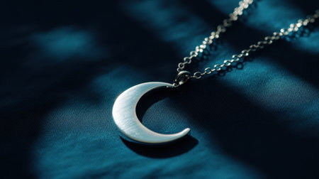 This elegant silver crescent moon pendant necklace features a sleek design against a deep blue background, creating a serene ambiance. Perfect for any occasion.の素材
