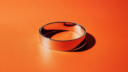 This image features a sleek and elegant silver band ring resting on a striking orange background. Its modern design highlights minimalist aesthetics and craftsmanship.の素材