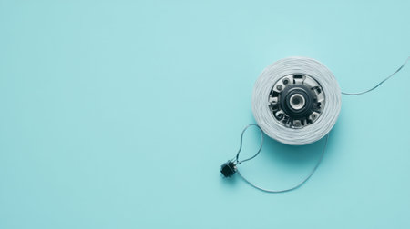 A close-up view of a circular spool of white sewing thread rests on a soft blue background, ideal for crafting, tailoring, or design projects.の素材