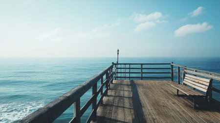 A serene view from a wooden pier overlooking the calm ocean, featuring gentle waves, a clear blue sky, and a peaceful atmosphere for relaxation.の素材