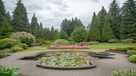 A picturesque garden featuring a serene pond with water lilies, surrounded by vibrant flowers and lush greenery, ideal for relaxation and nature appreciation.の素材