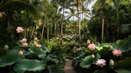 Explore a serene tropical paradise filled with blooming lotus flowers, surrounded by lush foliage and towering palm trees, creating a vibrant, peaceful escape.の素材