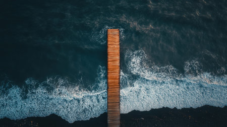 Experience the serenity of a wooden pier stretching over gentle ocean waves during sunset, surrounded by a rocky shoreline and foamy water.の素材