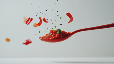 A dynamic shot of a red spoon holding fresh tomato sauce with colorful chopped vegetables floating around, capturing the essence of culinary creativity and flavor.の素材