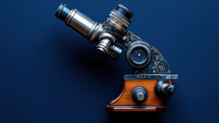 This vintage microscope beautifully captures the essence of historical scientific instruments, showcasing intricate craftsmanship and elegant design elements.の素材