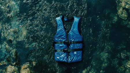 An isolated blue life jacket floats on the surface of clear water, surrounded by rocks, capturing the essence of water safety and adventure.の素材