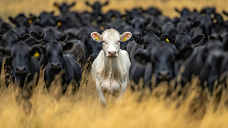 A striking image featuring a lone white calf walking through a crowd of black cattle in a golden grass field. This scene captures the beauty of rural life.の素材