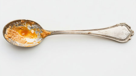 A close-up image of an antique silver spoon displaying traces of honey or syrup, set against a plain white background. The spoon features intricate design details and showcases a vintage charm suitable for kitchen decor and culinary photography.の素材