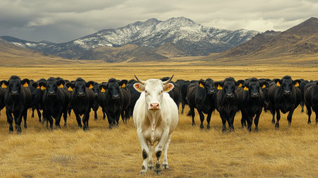 A striking image featuring a white cow at the forefront, surrounded by a group of black cattle, set against a majestic mountainous backdrop with a dramatic, cloudy sky.の素材