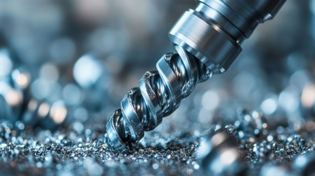 This image captures a detailed close-up of a cutting tool generating shiny metal swarf in an industrial workspace, highlighting precision and craftsmanship.の素材