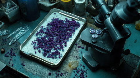 A detailed view of purple crystals scattered on a workbench, with a microscope and laboratory tools nearby, showcasing a scientific environment.の素材