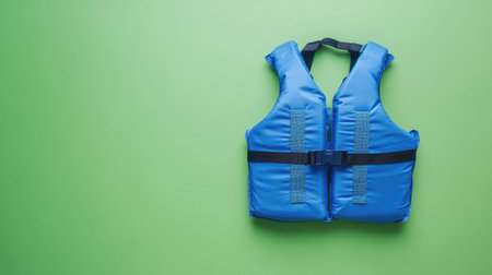 This isolated bright blue life jacket stands out on a vibrant green background, symbolizing water safety and essential gear for various aquatic activities.の素材