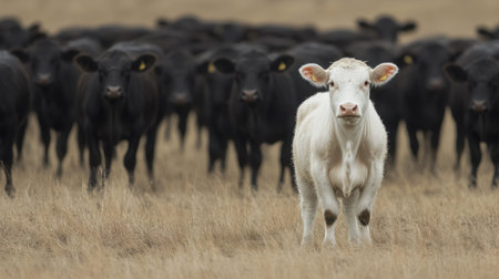 A striking white calf stands in front of a group of dark cows in a serene pasture. This image captures the beauty of rural landscapes and livestock life.の素材