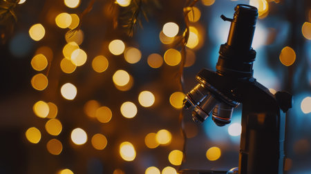 A captivating image featuring a microscope silhouetted against a sparkling bokeh background, perfect for themes of science, discovery, and education.の素材