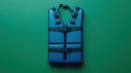 A bright blue life jacket displayed on a vibrant green backdrop, symbolizing safety in water activities. Perfect for promoting outdoor adventure and water sports.の素材