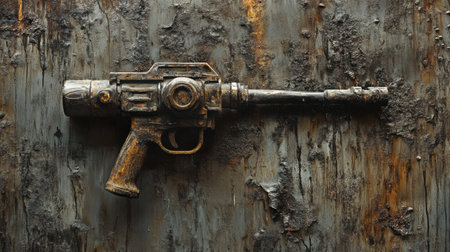 This captivating image showcases an antique styled sci-fi blaster pistol positioned against a textured rustic background, evoking a sense of history and creativity.の素材