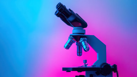 This image features a sleek laboratory microscope illuminated by vibrant neon lighting, perfect for showcasing scientific exploration and research innovation.の素材