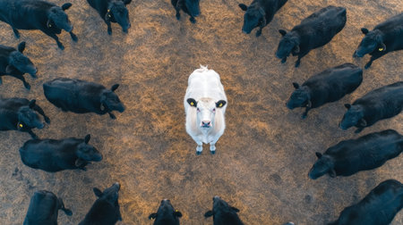 A captivating aerial view of a white cow standing alone amidst a circle of black cattle in an open field, symbolizing unique individuality in rural life.の素材
