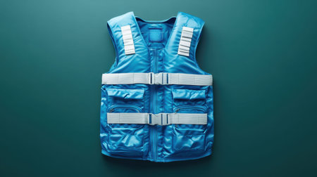This bright blue life jacket features adjustable straps and multiple storage pockets, perfect for ensuring safety during water sports and outdoor adventures.の素材