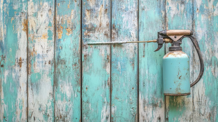 A vintage spray bottle mounted on a weathered turquoise wooden wall with peeling paint. This image captures rustic charm and artistic detail, perfect for creative projects.の素材