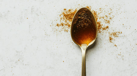 Close-up of a luxurious golden honey dripping from a shiny spoon, surrounded by a sprinkle of sweet spice powder. This elegant arrangement highlights the beauty of natural ingredients, ideal for culinary and wellness themes.の素材