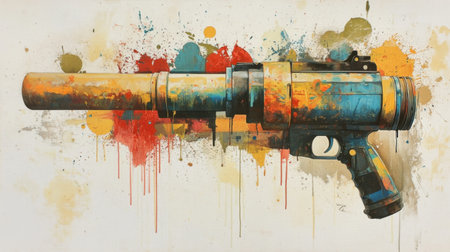 This eye-catching artwork features a stylized weapon, blending vibrant colors with energetic paint splashes, showcasing creativity and imagination.の素材