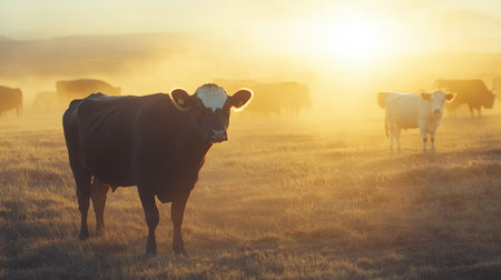 A peaceful scene showcases cows grazing in a misty meadow at sunrise, illuminated by warm golden light, creating a tranquil and beautiful rural atmosphere.の素材
