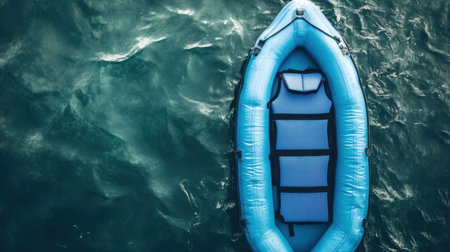A bright blue inflatable raft floats gently on calm water, surrounded by serene waves and reflections of sunlight, perfect for outdoor adventures.の素材