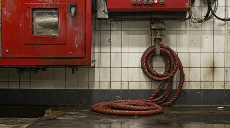 A detailed view of an industrial workspace featuring a red control panel and coiled rope against a textured wall of tiles, showcasing machinery and tools.の素材