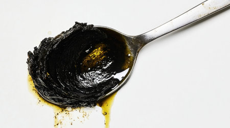 A close-up image showcasing a dark condiment resting in a silver spoon, glistening with oil, emphasizing its rich texture and culinary potential.の素材